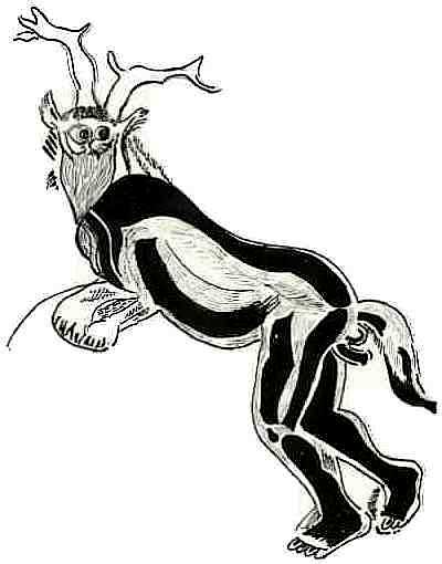 Le Sorcier, a cave painting from the Tres Freres cave in France. It's a line drawing of a deer-headed dancer.
