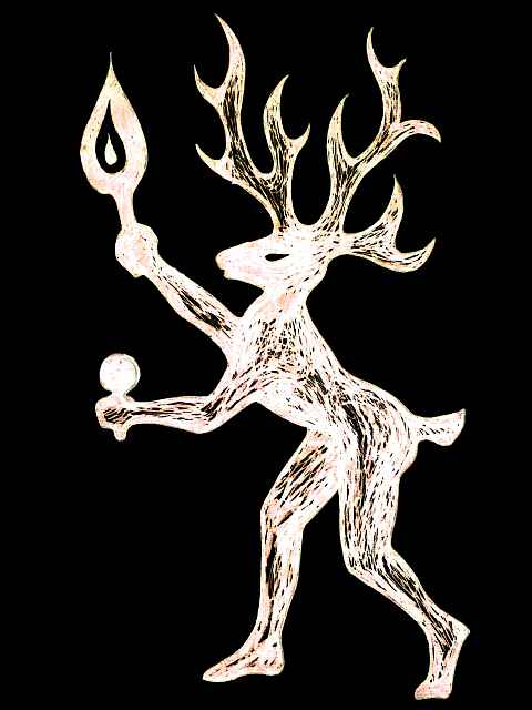 Deer-person in profile carrying a torch; bipedal, antlers, tailed. Click to enlarge.