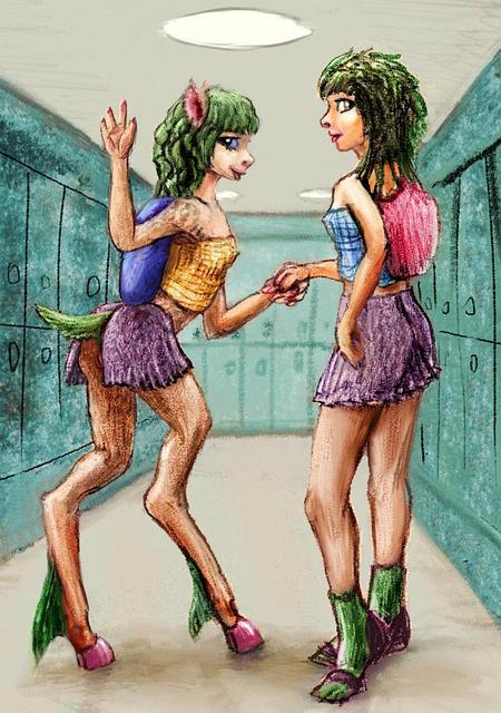 Two schoolgirl friends (matching green hair), one human, one a doe-mare. Dream sketch by Wayan. Click to enlarge.