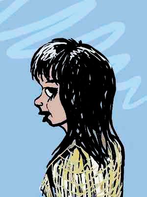 head of a shy girl, in subdued colors, cartoon style.
