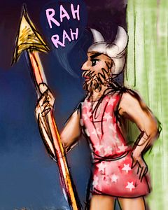 Bearded cheerleader with helmet and spear says 'Rah Rah' . Dream sketch by Wayan. Click to enlarge.