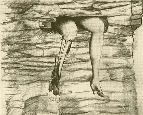 Legs emerge from a stone wall; sketch of a dream by Jindrich Styrsky. Click to enlarge.