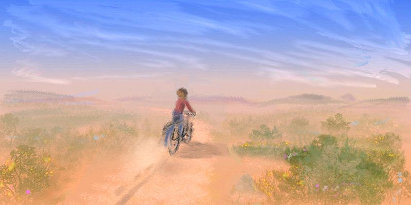 Kicking a crippled bike through the Mohave Desert; a tedious dream sketched by Wayan.