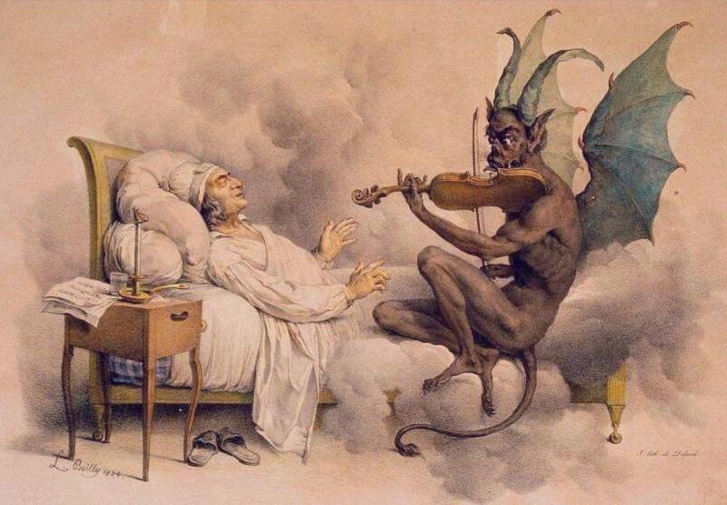 The Devil plays the fiddle; dream by Giuseppe Tartini c.1713, drawn by L. Bailly 1824.