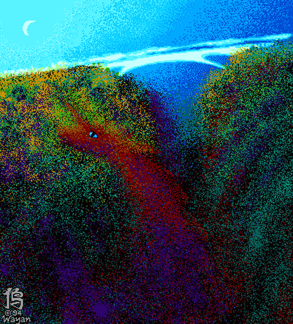 Moonlit night. A shining sky-bridge over a chasm where a dragon raises its head. Digital sketch of a dream by Wayan.