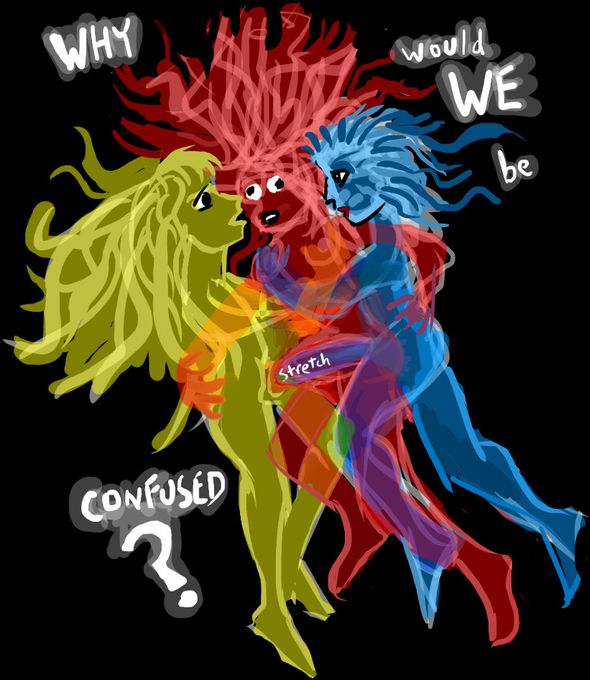 Three-person sexual sandwich; words 'WHY would WE be CONFUSED?; dream sketch by Wayan