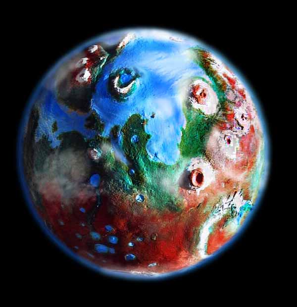 Orbital view of Elysium and Tharsis on the terraformed Mars where I live, in my dream.