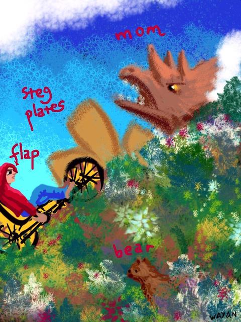 I bike up the slope of time past dinosaurs. Dream sketch by Wayan. Click to enlarge.