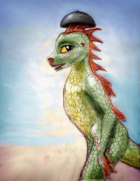 Crested dinosaur with a yarmulke. Dream sketch by Wayan. Click to enlarge.