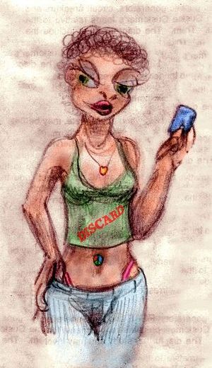 Sketch of a dream figure: A Marin high school student holding her new library card. Her tanktop is stamped DISCARD. Click to enlarge.