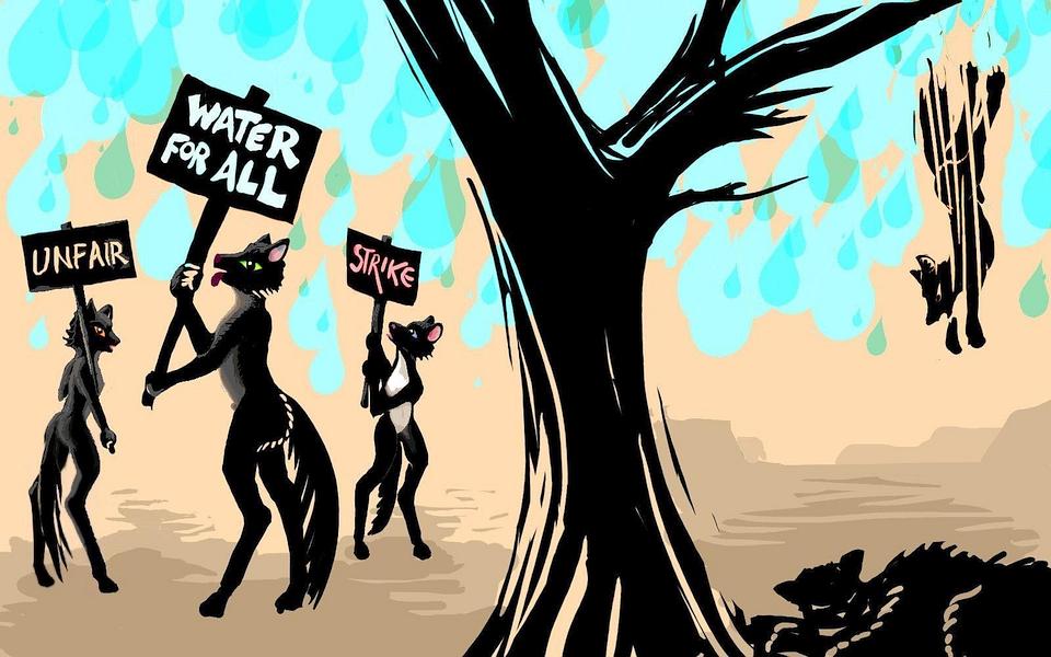 Dog people protest for more water, as a thirsty dog jumps from a desert tree--suicide. Dream sketch by Wayan. Click to enlarge.