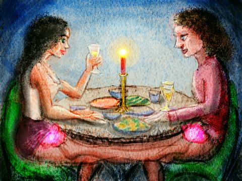 Candle-lit dinner, footsies under a table; watercolor of a dream by Wayan. Click to enlarge.