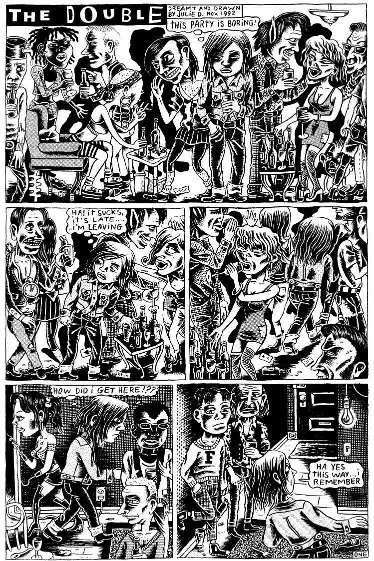 Black and white comic of a dream by Julie Doucet. She's bored at a bohemian party and tries to leave.