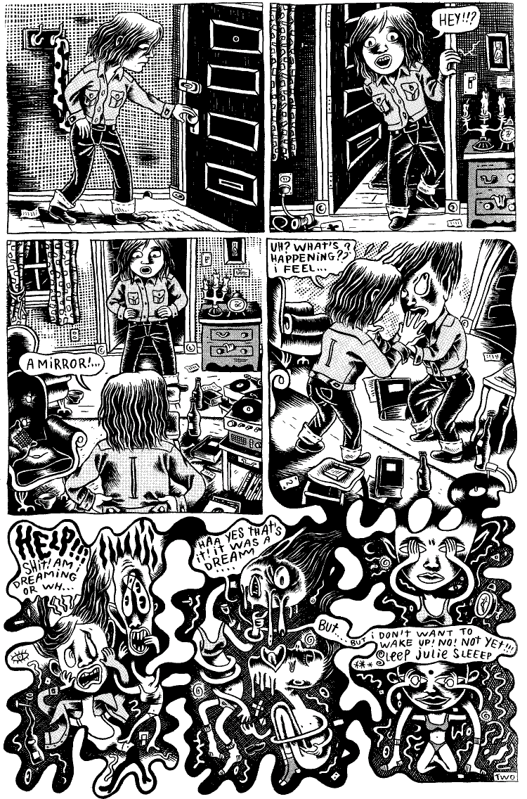 Black and white comic of a dream by Julie Doucet. She finds a huge mirror, gets dizzy, goes lucid, but stays in the dream.