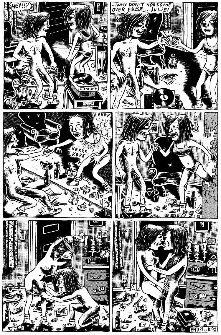 Black and white comic of a dream by Julie Doucet. Julie-the-man lures Julie-the-reflection to come through the mirror. They kiss...