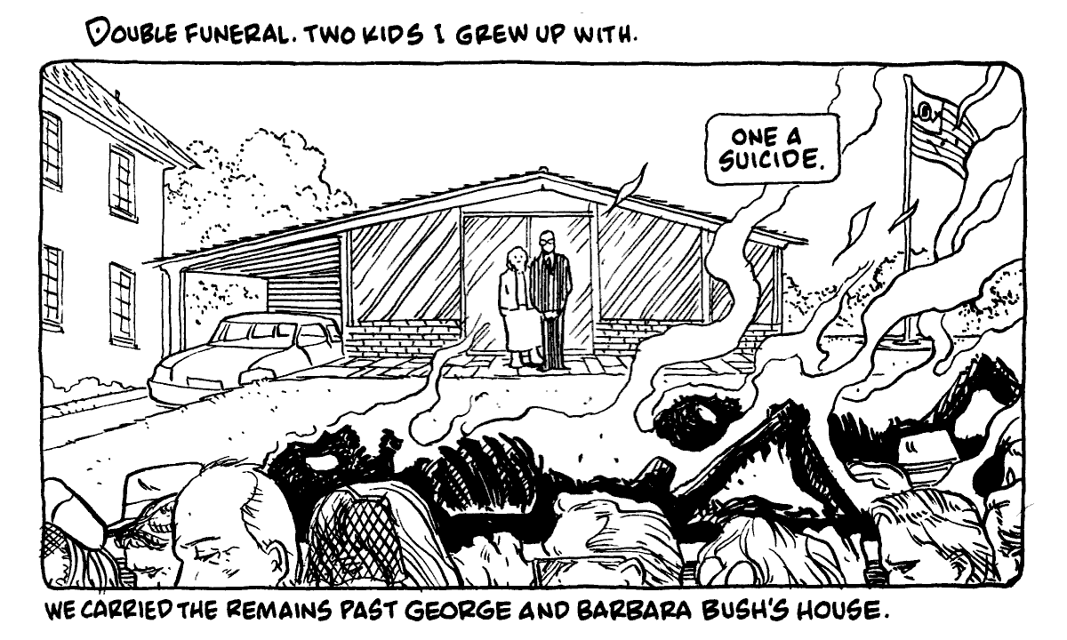 Two burned bodies carried in funeral procession; dream-comic by Rick Veitch. Click to enlarge.
