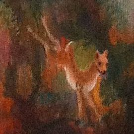 Deer leaping in brush on a rocky slope; acrylic by Chris Wayan