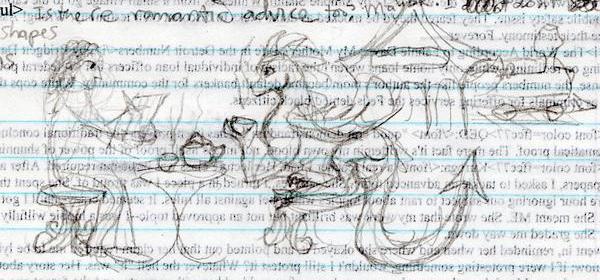 Tea with a dragon by a train station in Draconia. Initial pencil sketch of dream by Wayan.