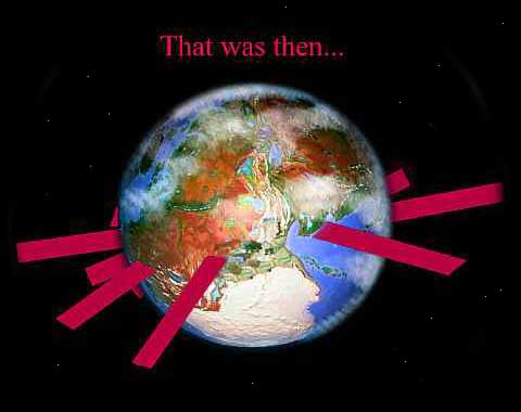 Orbital view of the planet Pern, with magenta banners rising from the surface around the equator. Caption: 'That was then'. Click to enlarge.