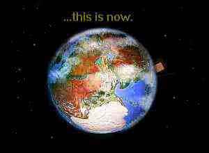 Orbital view of the planet Pern, with one brown banner rising into space. Caption: 'This is now'.