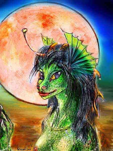 Shell, a dragon I met in a dream. Bust, facing left, dark hair, reddish crest, rainbow scales (green dominant), gold slit eyes. Background: rising moon.