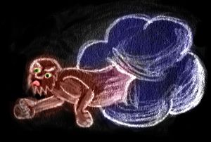 Sketch of a dream by Wayan: genie emerges from purple cloud.