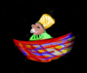 Sketch of a dream by Wayan: turbaned man on magic carpet.