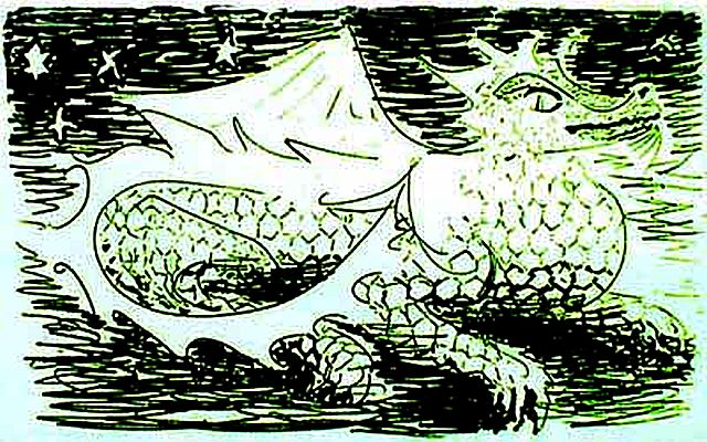 Green dragon crouching under stars; ink sketch of a dream.