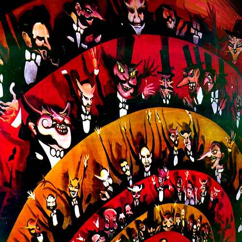 A theater with tophatted demons rioting, painted in red yellow and black. Based on a theatrical backdrop by Gerald Scarfe.