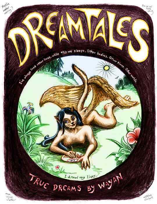 Cover of 'Dreamtales': Wayan, dream artist, as a sphinx drawing her dreams. Click to enlarge.
