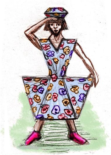 Man in weird floral geometric dress/tunic and silly hat. Dream sketch by Wayan. Click to enlarge.