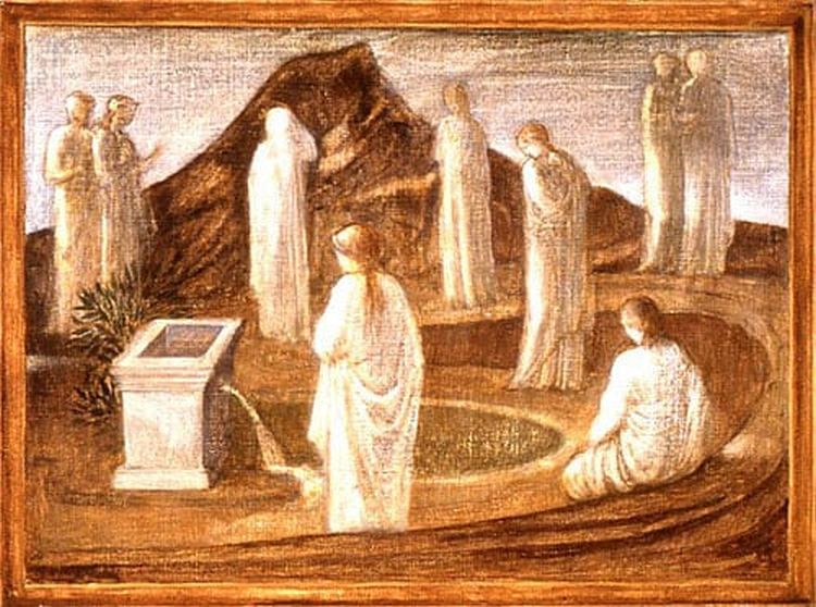 'Dream of Nine Muses' by Edward Burne-Jones, 1871?, a sepiatoned watercolor dream-sketch.