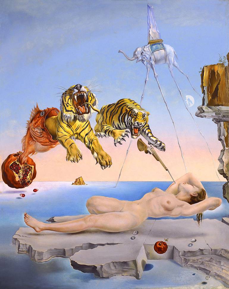 Dream Caused by the Flight of a Bee... painted by Dali. Click to enlarge.