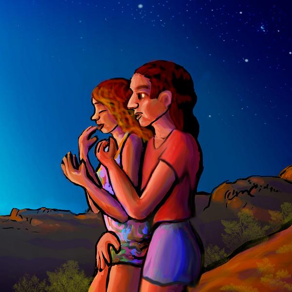 While watching desert sunset, couple tries sex standing up. Dream sketch by Wayan.