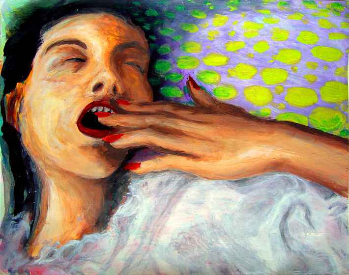 A woman yawns & stretches; acrylic by Wayan. Click to enlarge.