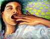 A woman yawns & stretches; thumbnail of acrylic by Wayan. Click to enlarge.