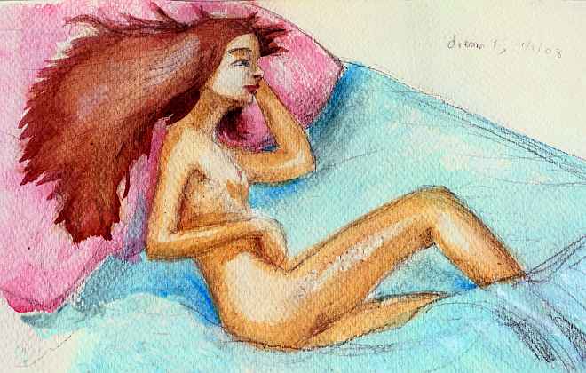 Brunette girl curled on blue sheets, pink pillows; watercolor of dream by Chris Wayan. Click to enlarge.