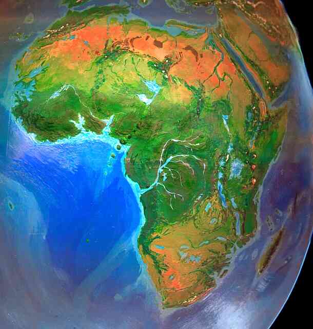 Orbital photo of Dubia, a possible future Earth. Africa's rainforests have grown at the desert's expense