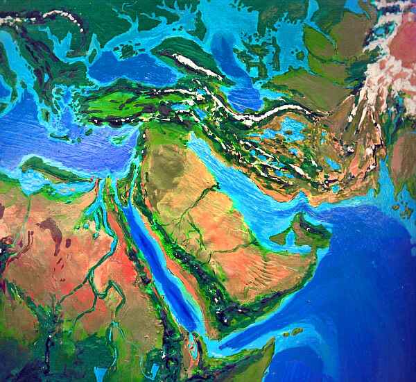 Orbital photo of Dubia, a possible future Earth. Half Arabia is flooded, Israel and Oman are nearly islands, and most of the desert is grassland.