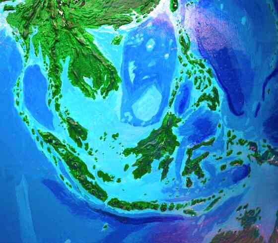 Orbital photo of Dubia, a possible future Earth. The Southeast Asian archipelago has shrunk a bit, but reforested. The Malay Peninsula's an island chain, and Borneo's broken up.