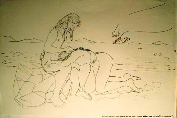 Line drawing: a beach. A boy sits on a rock; a kneeling girl cries in his lap. They clearly swam ashore from the sinking liner on the horizon.