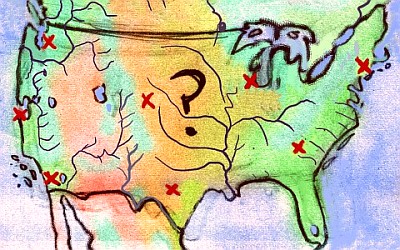 Sketch of a dream by Chris Wayan. I map where to place eight elf-embassies across the United States.