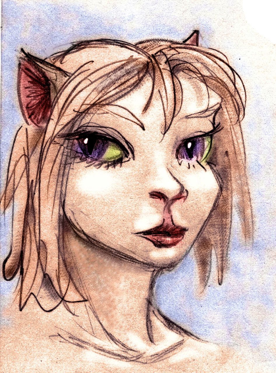 Sketch of a dream by Chris Wayan. Portrait of an abused elf-girl with pointed ears and cat-eyes of chartreuse and violet.