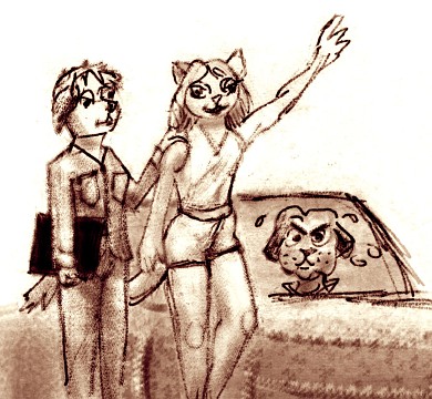 Sepia pencil sketch by Chris Wayan: my penpals Maddie (dog on left, with art portfolio) and Emily (cat in middle, waving) and hysterical uncle (jowly dog who's locked himself safely in his car).