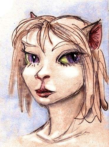 Sketch of Emily as Wayan sees her: . an elf-girl with pointed ears and wary, ironic cat-eyes of chartreuse and violet.