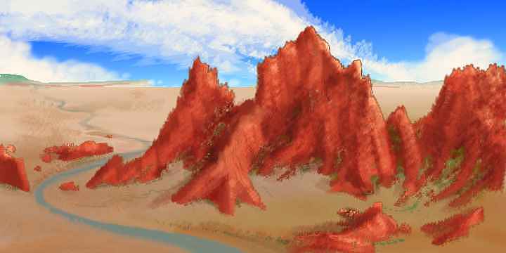 Reddish, jagged crags rise from a pale sandy desert. Dream sketch by Wayan.
