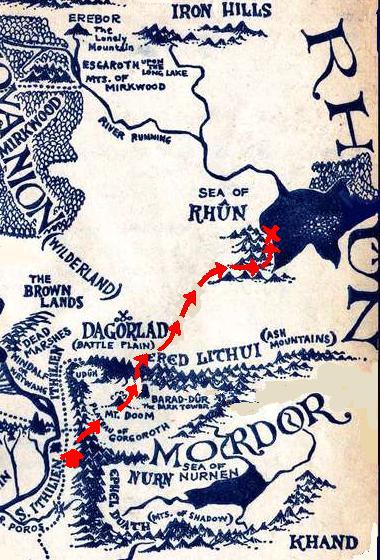 Map of flightpath from Mordor to the Sea of Rhun; from a dream by Wayan.