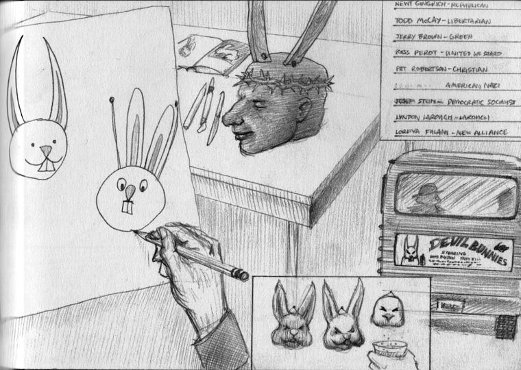 Devil-bunnies and electoral reform: dream sketch by Jim Shaw. Click to enlarge.