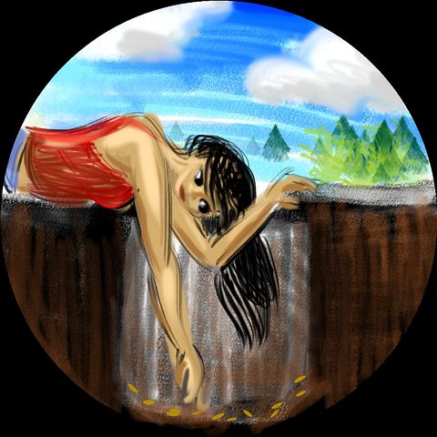 A girl reaches in a deep pothole and fishes out 11 pennies; sketch of a dream by Wayan
