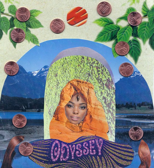 Three-eyed girl's face, wild landscape, elevent pennies, the word 'Odyssey.' Collage of a dream by Wayan. Click to enlarge